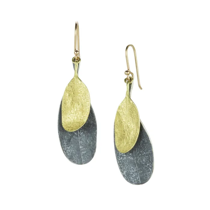 18k and Silver Double Leaf Drop Earrings John Iversen Earrings