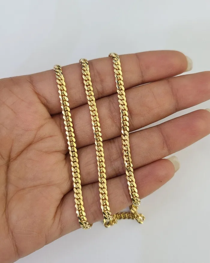 18k Solid Miami Cuban Chain Yellow Gold 3mm 24 Inch Genuine Necklace Real Gold and Diamond Necklaces