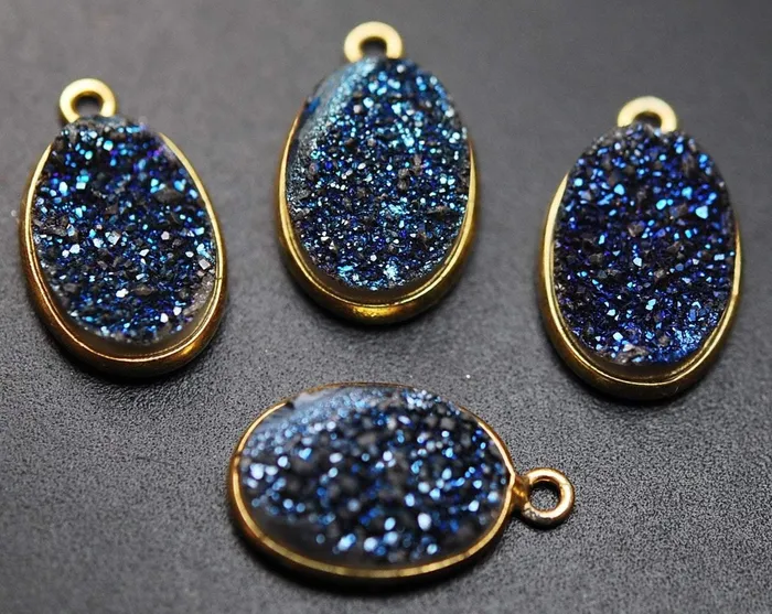 Beads Supplies USA Necklaces 925 Sterling Vermeil Silver Titanium Blue Druzy Oval Shape Pendant 3 Piece 18mm Approx
