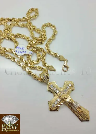 Charm Necklaces Gold and Diamond Real 10k Gold Mens Jesus Crucifix Cross Pendent Charm 26 Inch Rope ChainCuban Charm Necklaces Gold and Diamond Real 10k Gold Mens Jesus Crucifix Cross Pendent Charm 26 Inch Rope ChainCuban