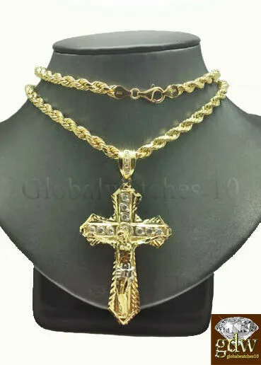 Charm Necklaces Gold and Diamond Real 10k Gold Mens Jesus Crucifix Cross Pendent Charm 26 Inch Rope ChainCuban
