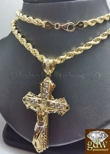 Charm Necklaces Gold and Diamond Real 10k Gold Mens Jesus Crucifix Cross Pendent Charm 26 Inch Rope ChainCuban