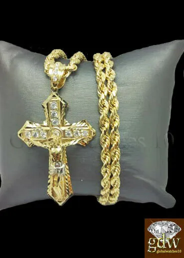 Charm Necklaces Gold and Diamond Real 10k Gold Mens Jesus Crucifix Cross Pendent Charm 26 Inch Rope ChainCuban
