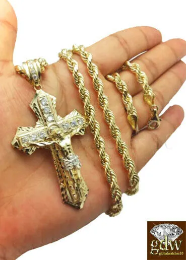 Charm Necklaces Gold and Diamond Real 10k Gold Mens Jesus Crucifix Cross Pendent Charm 26 Inch Rope ChainCuban