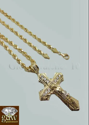 Charm Necklaces Gold and Diamond Real 10k Gold Mens Jesus Crucifix Cross Pendent Charm 26 Inch Rope ChainCuban