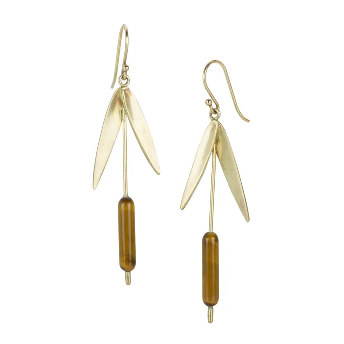 Earrings Annette Ferdinandsen 14k Yellow Gold Tigers Eye Cattail Earrings