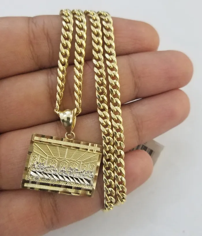 Globalwatches10 10k Real Yellow Gold Last Supper Charm Pendant Diamond cuts Design MenWomen Necklaces