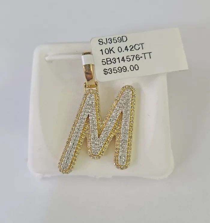 Globalwatches10 Charm Necklaces 10k Yellow Gold Diamond M Charm Pendant Initial Alphabet Letter Real Genuine
