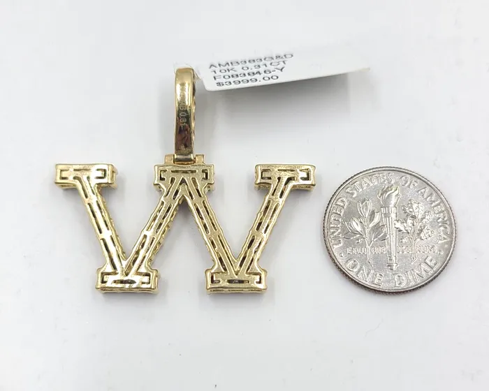 Globalwatches10 Charm Necklaces Real 10k Gold Diamond Letter W Initial Alphabet CharmPendant 125