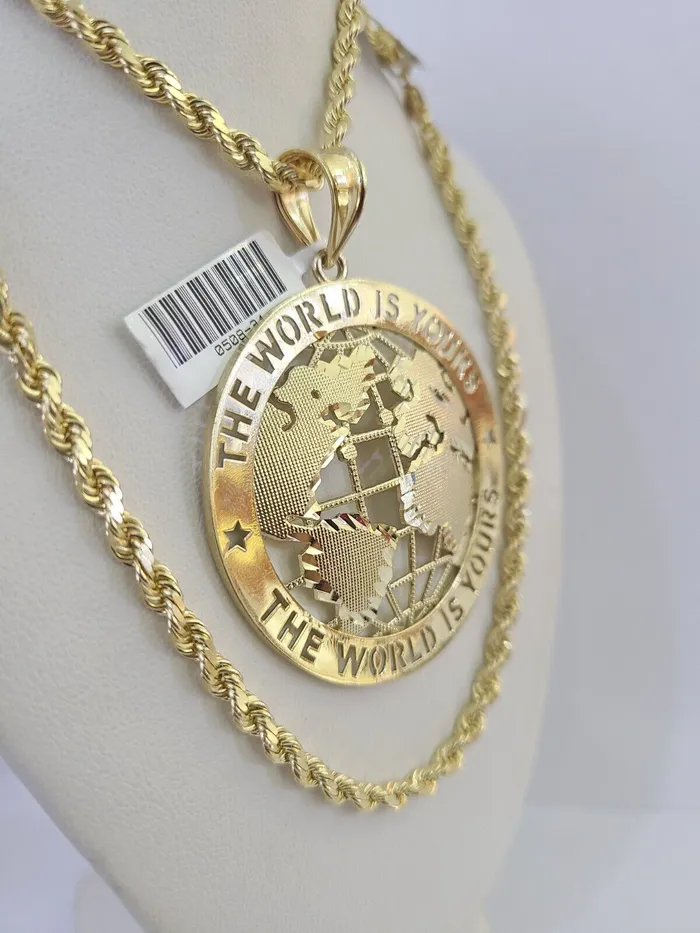 globalwatches10 Necklaces 10k Solid Rope Chain World is Yours Charm Set 4mm 2028 Necklace Gold Yellow