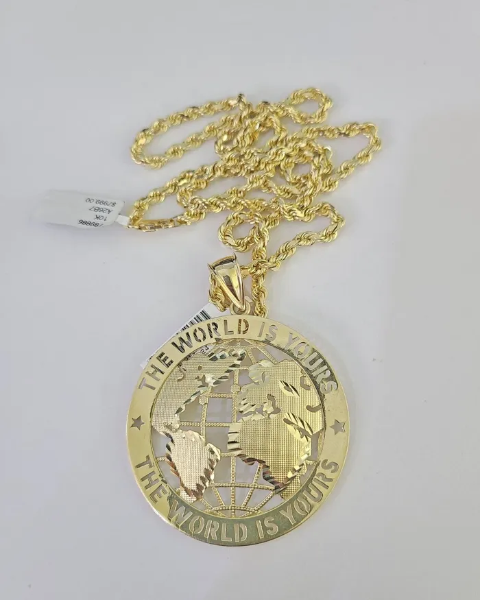 globalwatches10 Necklaces 10k Solid Rope Chain World is Yours Charm Set 4mm 2028 Necklace Gold Yellow