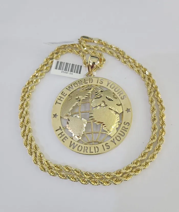 globalwatches10 Necklaces 10k Solid Rope Chain World is Yours Charm Set 4mm 2028 Necklace Gold Yellow