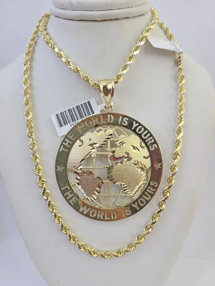 globalwatches10 Necklaces 10k Solid Rope Chain World is Yours Charm Set 4mm 2028 Necklace Gold Yellow