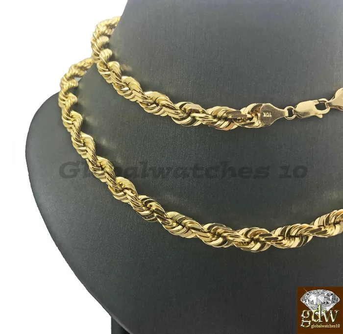 Gold and Diamond 10K Gold Solid Rope Chain Necklace 26 Inch Lobster Clasp for Men Real 10k Gold Necklaces