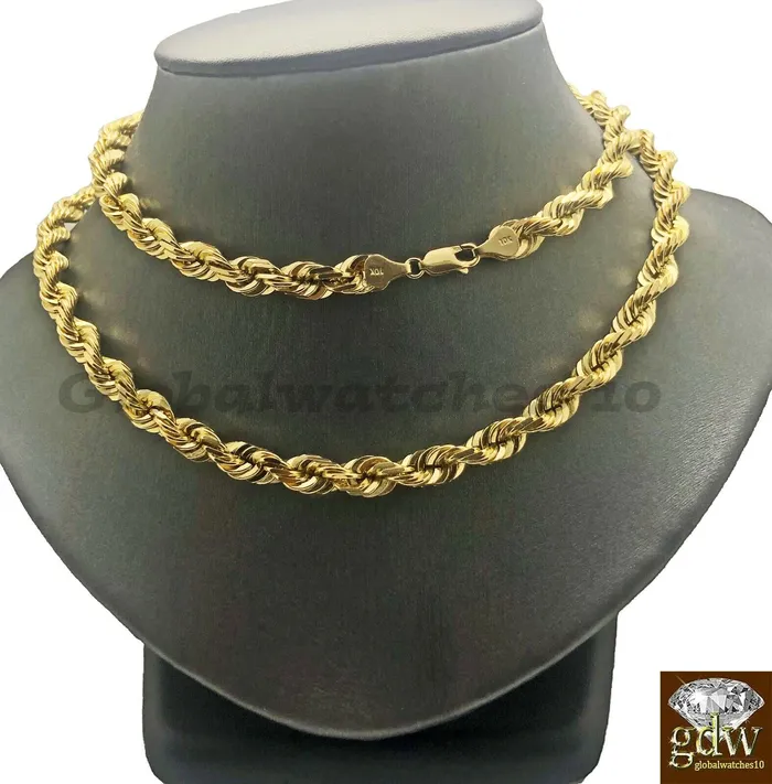 Gold and Diamond 10K Gold Solid Rope Chain Necklace 26 Inch Lobster Clasp for Men Real 10k Gold Necklaces