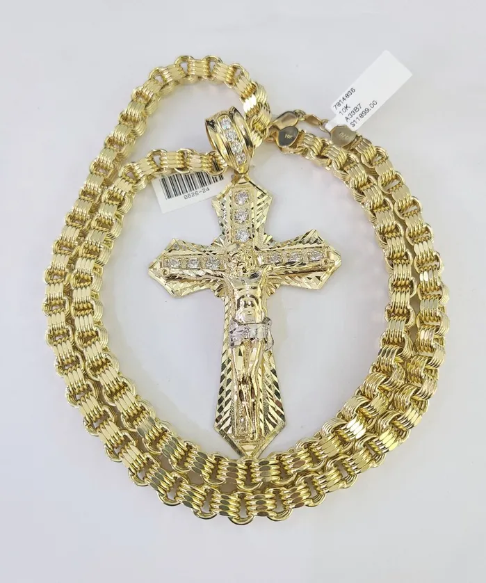 Gold and Diamond Necklaces 10k Gold Byzantine Necklace Jesus Cross Charm Pendant 2030 8mm REAL SET Chain Gold and Diamond Necklaces 10k Gold Byzantine Necklace Jesus Cross Charm Pendant 2030 8mm REAL SET Chain