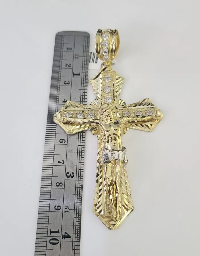 Gold and Diamond Necklaces 10k Gold Byzantine Necklace Jesus Cross Charm Pendant 2030 8mm REAL SET Chain