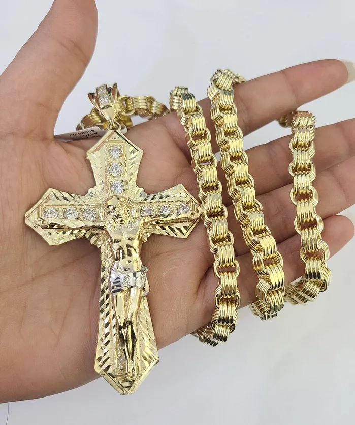 Gold and Diamond Necklaces 10k Gold Byzantine Necklace Jesus Cross Charm Pendant 2030 8mm REAL SET Chain