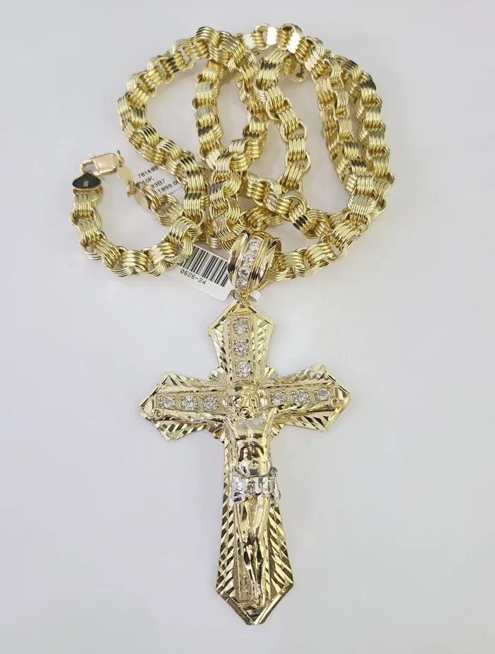 Gold and Diamond Necklaces 10k Gold Byzantine Necklace Jesus Cross Charm Pendant 2030 8mm REAL SET Chain