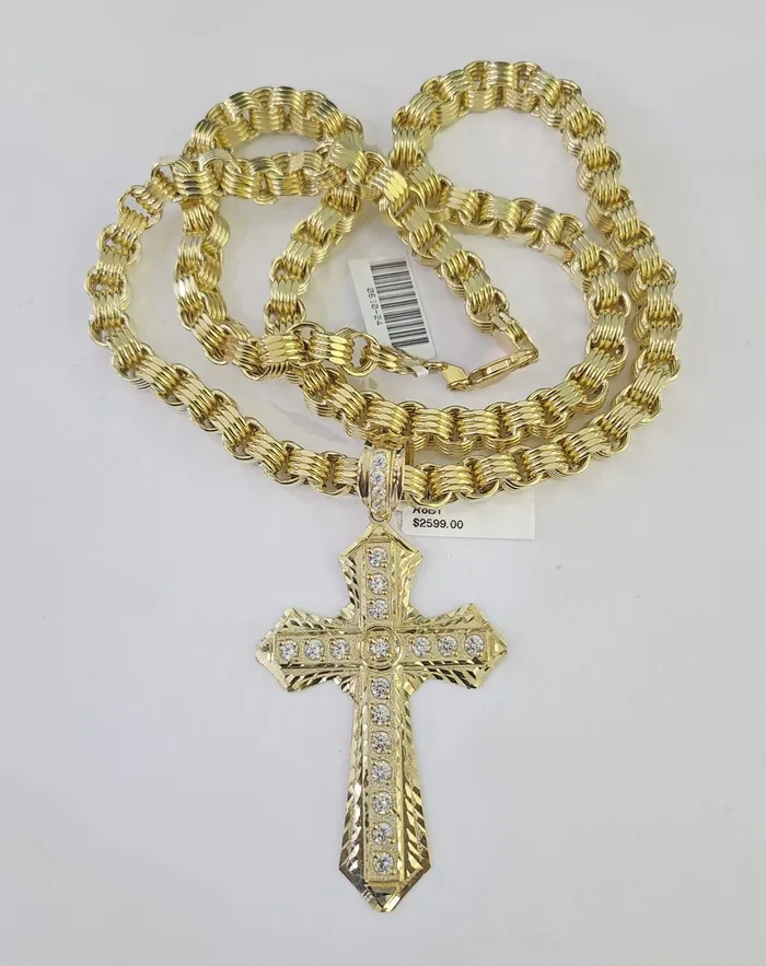 Gold and Diamond Necklaces 10k Gold Byzantine Necklace Jesus Cross Charm Pendant 2030 8mm REAL SET Chain