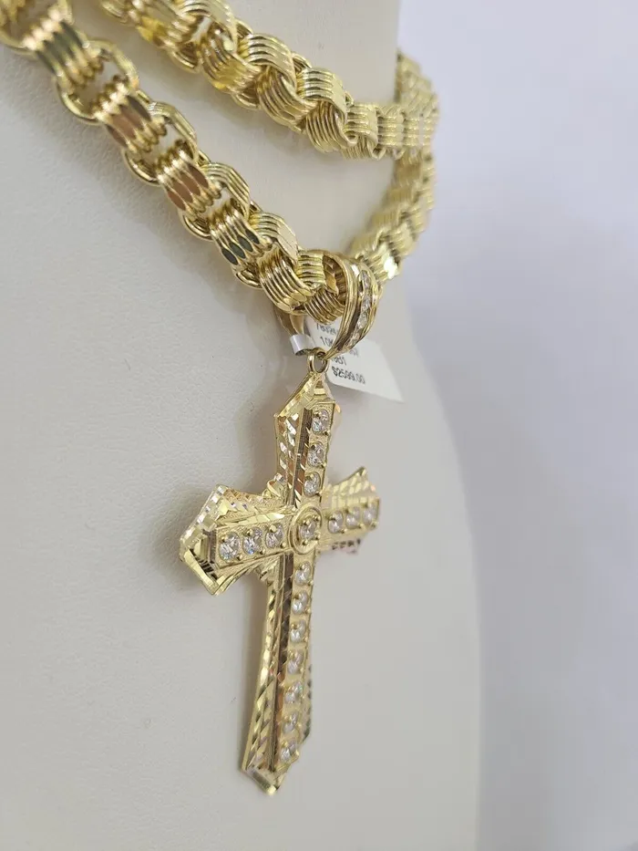 Gold and Diamond Necklaces 10k Gold Byzantine Necklace Jesus Cross Charm Pendant 2030 8mm REAL SET Chain
