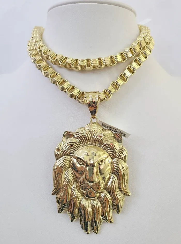 Gold and Diamond Necklaces 10k Gold Byzantine Necklace Lion Head Charm Pendant 2030 8mm SET Chain Gold and Diamond Necklaces 10k Gold Byzantine Necklace Lion Head Charm Pendant 2030 8mm SET Chain