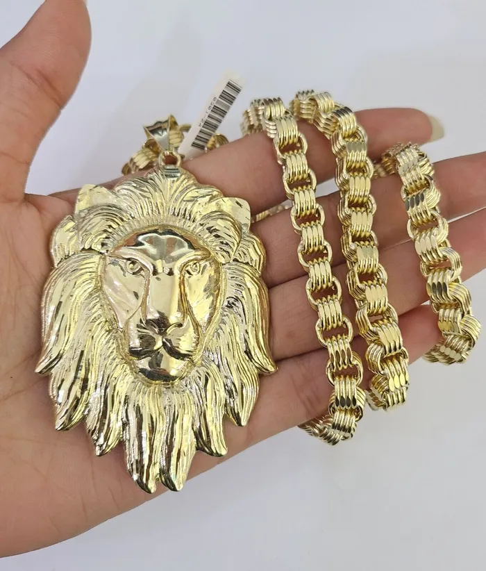 Gold and Diamond Necklaces 10k Gold Byzantine Necklace Lion Head Charm Pendant 2030 8mm SET Chain