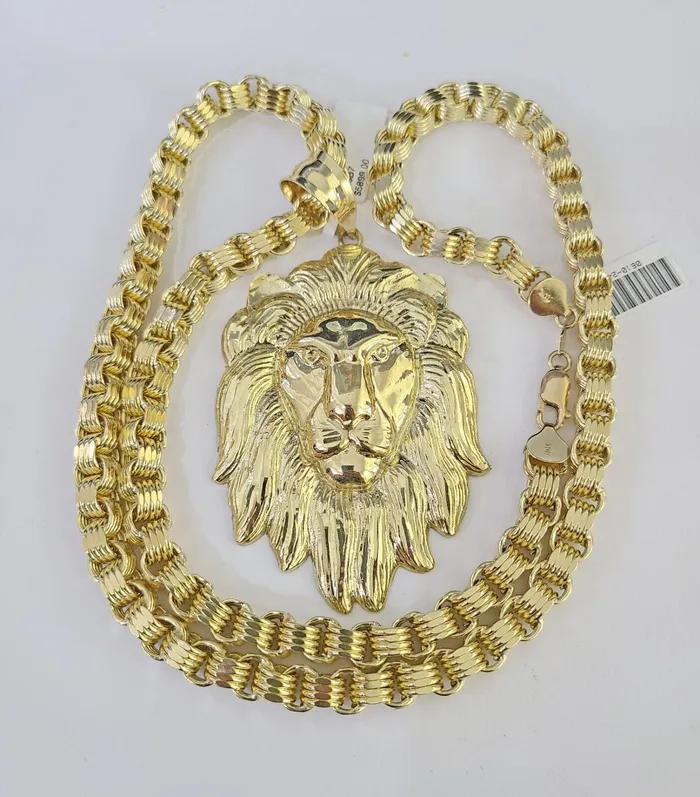 Gold and Diamond Necklaces 10k Gold Byzantine Necklace Lion Head Charm Pendant 2030 8mm SET Chain