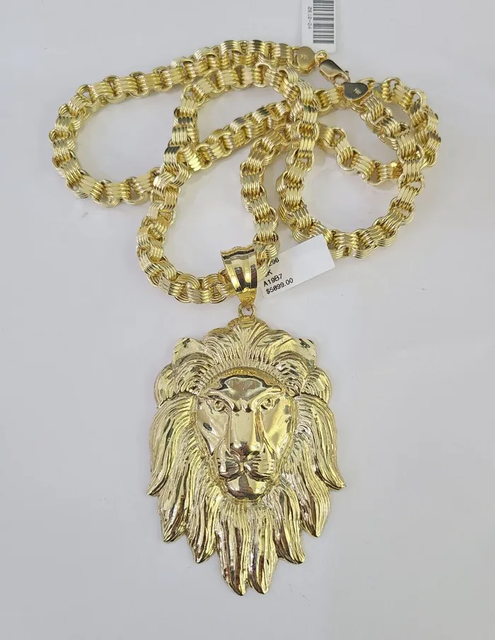 Gold and Diamond Necklaces 10k Gold Byzantine Necklace Lion Head Charm Pendant 2030 8mm SET Chain