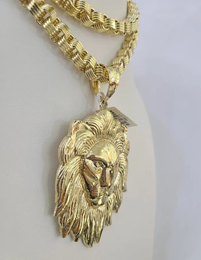 Gold and Diamond Necklaces 10k Gold Byzantine Necklace Lion Head Charm Pendant 2030 8mm SET Chain