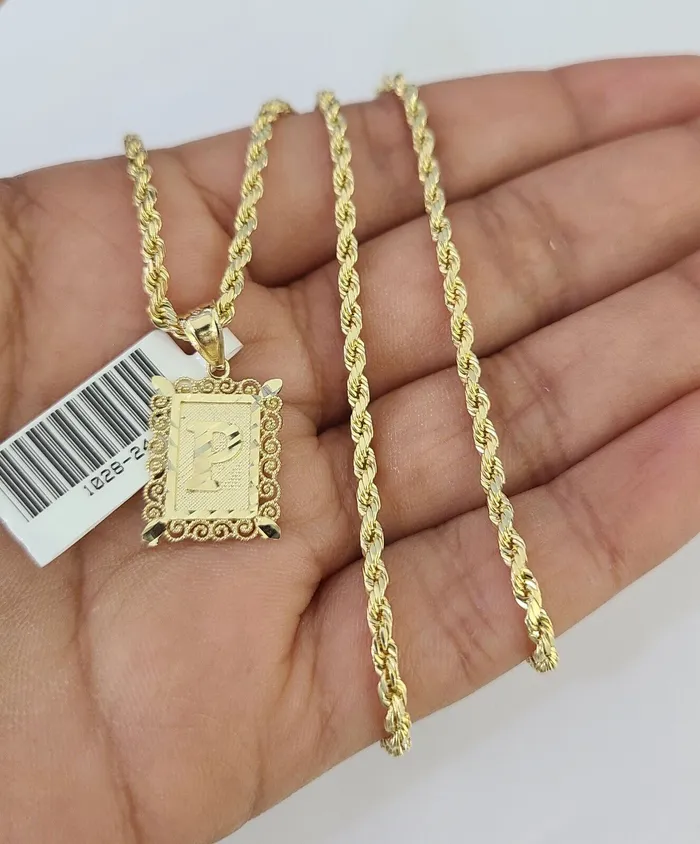 Gold and Diamond Necklaces 10k Gold Initial P Charm Rope Chain 1626 25mm SET Necklace Alphabet Pendant