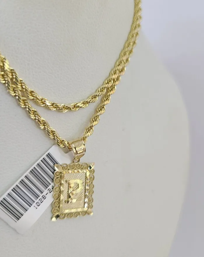 Gold and Diamond Necklaces 10k Gold Initial P Charm Rope Chain 1626 25mm SET Necklace Alphabet Pendant