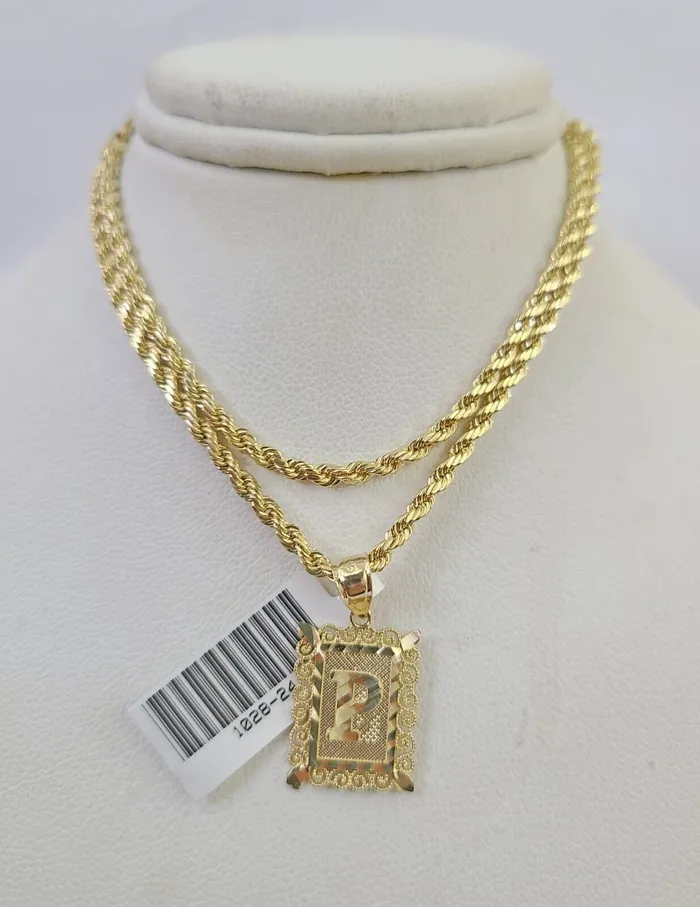 Gold and Diamond Necklaces 10k Gold Initial P Charm Rope Chain 1626 25mm SET Necklace Alphabet Pendant