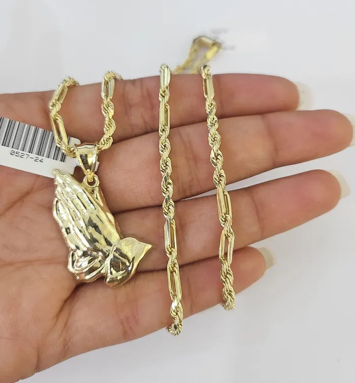 Gold and Diamond Necklaces 10k Milano Rope Chain Praying Hands Charm Necklace SET 3mm 18 20 22 24 Gold and Diamond Necklaces 10k Milano Rope Chain Praying Hands Charm Necklace SET 3mm 18 20 22 24