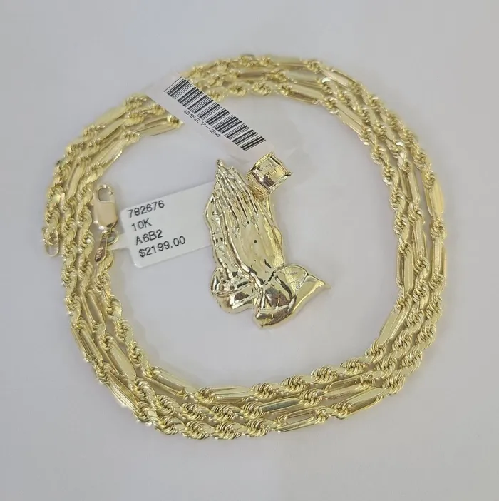 Gold and Diamond Necklaces 10k Milano Rope Chain Praying Hands Charm Necklace SET 3mm 18 20 22 24