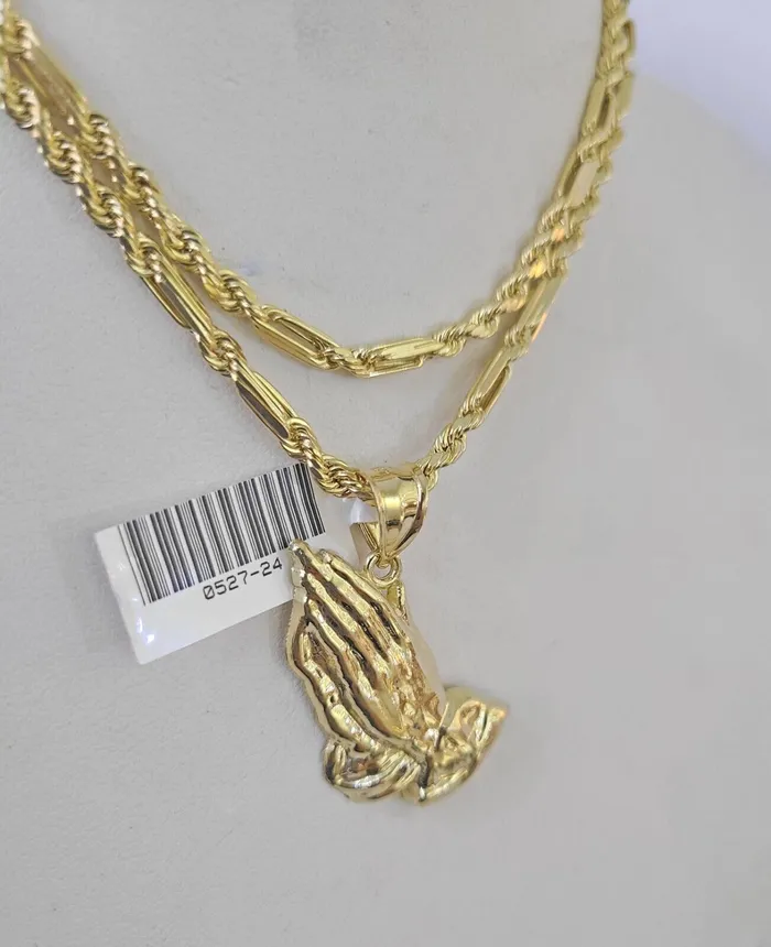 Gold and Diamond Necklaces 10k Milano Rope Chain Praying Hands Charm Necklace SET 3mm 18 20 22 24