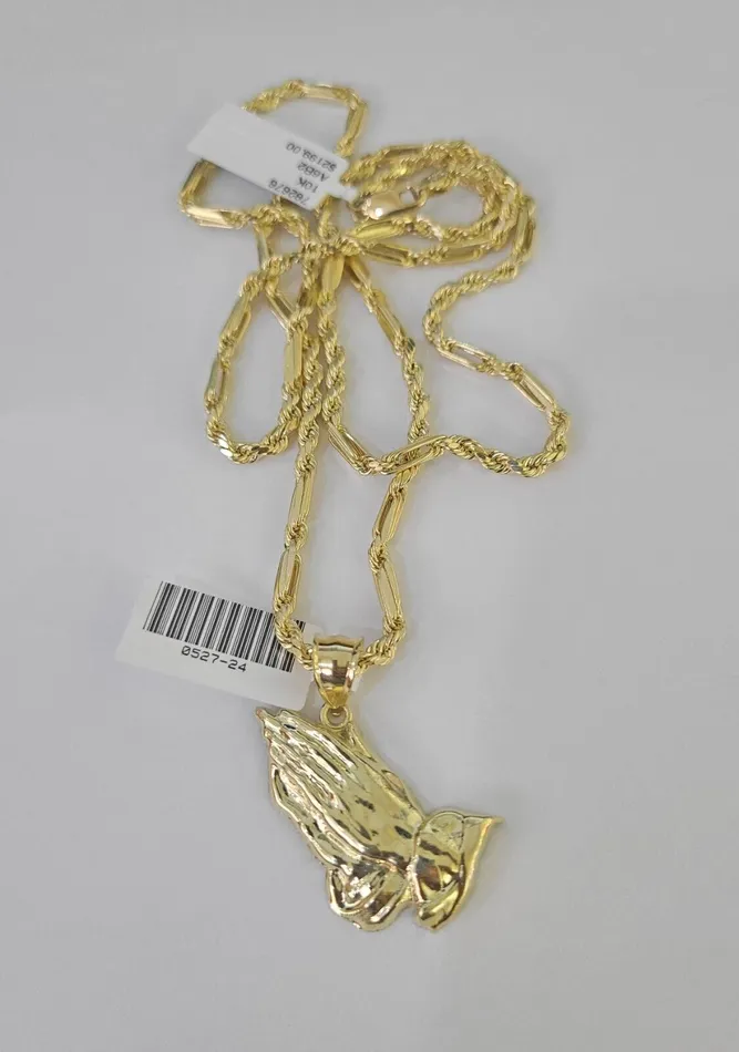 Gold and Diamond Necklaces 10k Milano Rope Chain Praying Hands Charm Necklace SET 3mm 18 20 22 24