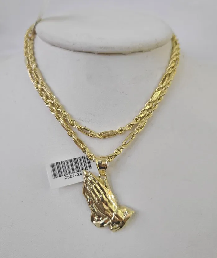 Gold and Diamond Necklaces 10k Milano Rope Chain Praying Hands Charm Necklace SET 3mm 18 20 22 24