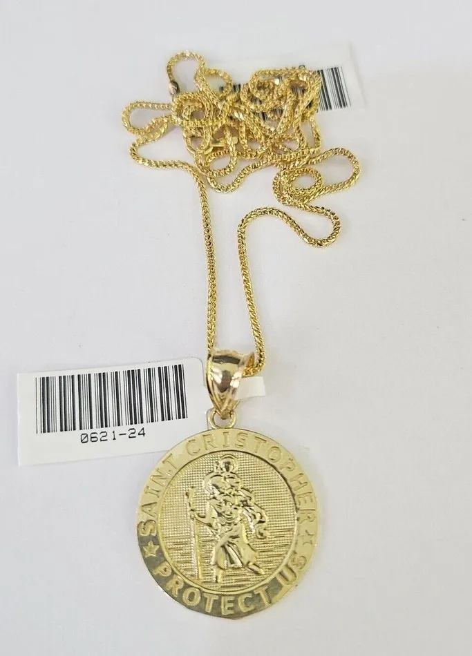 Gold and Diamond Necklaces 10K Solid Franco Chain Saint Cristopher Pendant Charm Necklace 1824 15mm Gold and Diamond Necklaces 10K Solid Franco Chain Saint Cristopher Pendant Charm Necklace 1824 15mm
