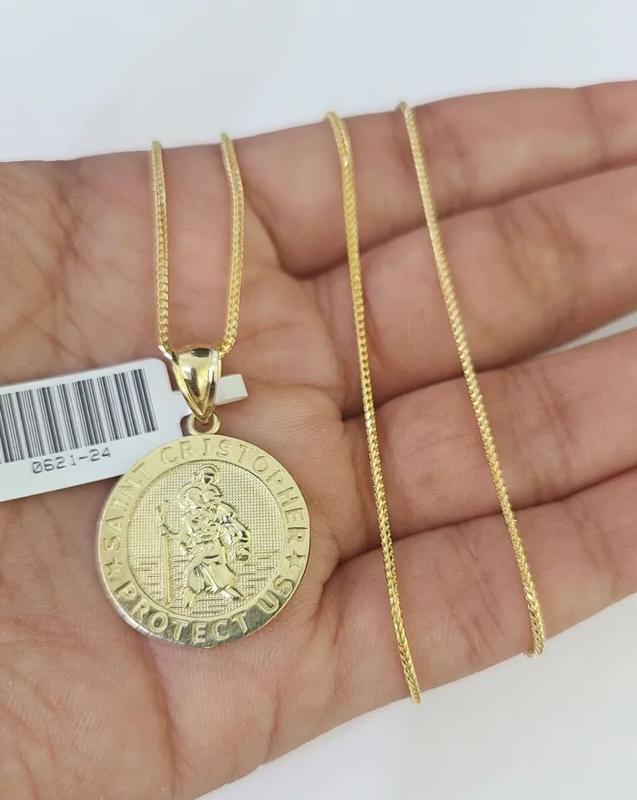 Gold and Diamond Necklaces 10K Solid Franco Chain Saint Cristopher Pendant Charm Necklace 1824 15mm