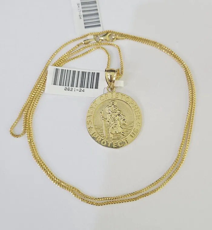 Gold and Diamond Necklaces 10K Solid Franco Chain Saint Cristopher Pendant Charm Necklace 1824 15mm