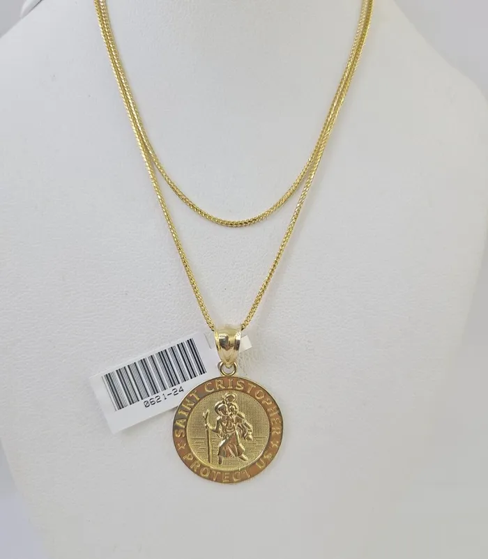 Gold and Diamond Necklaces 10K Solid Franco Chain Saint Cristopher Pendant Charm Necklace 1824 15mm