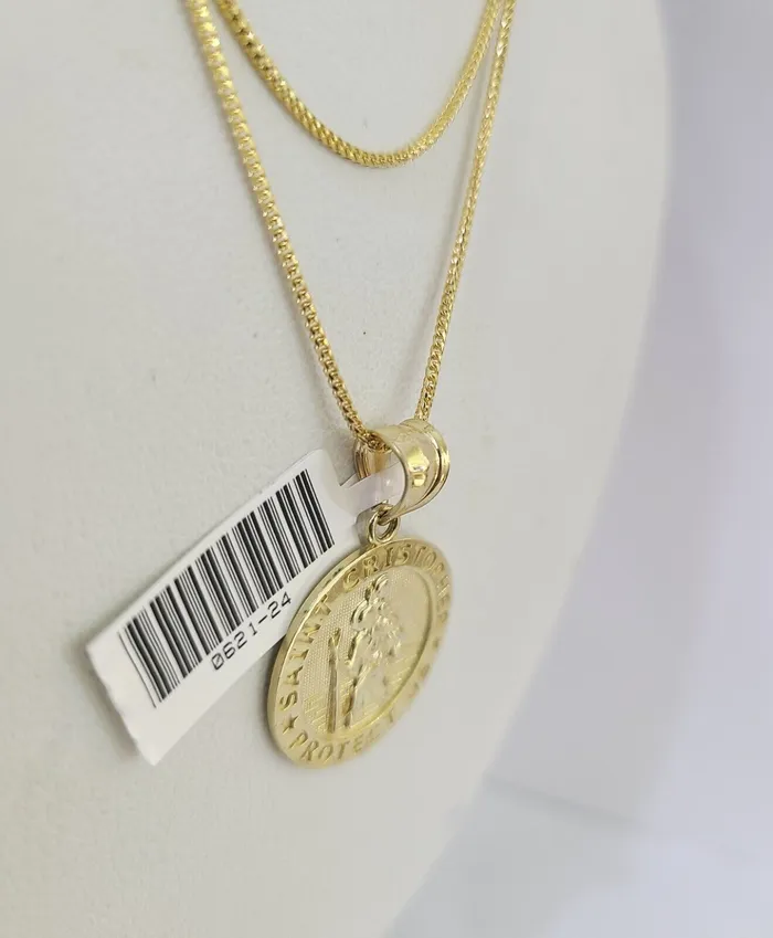 Gold and Diamond Necklaces 10K Solid Franco Chain Saint Cristopher Pendant Charm Necklace 1824 15mm