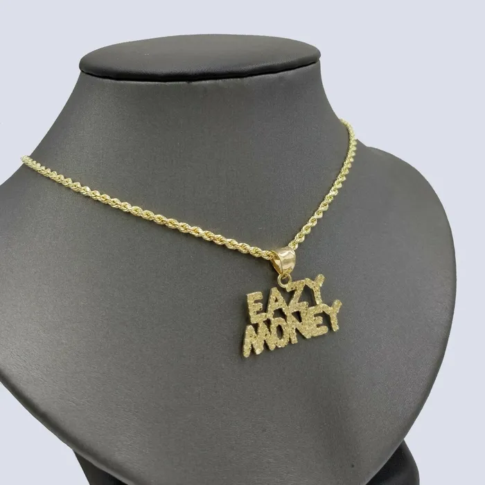 Gold and Diamond Necklaces 10k Yellow Gold Easy Money Sign Pendant with Rope Chain Nuggets Design 18