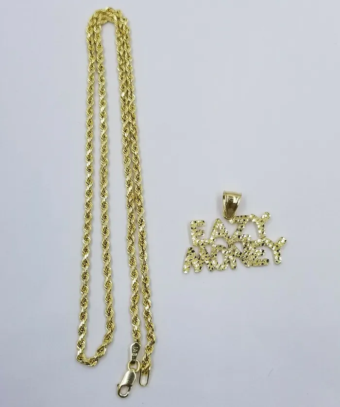 Gold and Diamond Necklaces 10k Yellow Gold Easy Money Sign Pendant with Rope Chain Nuggets Design 18