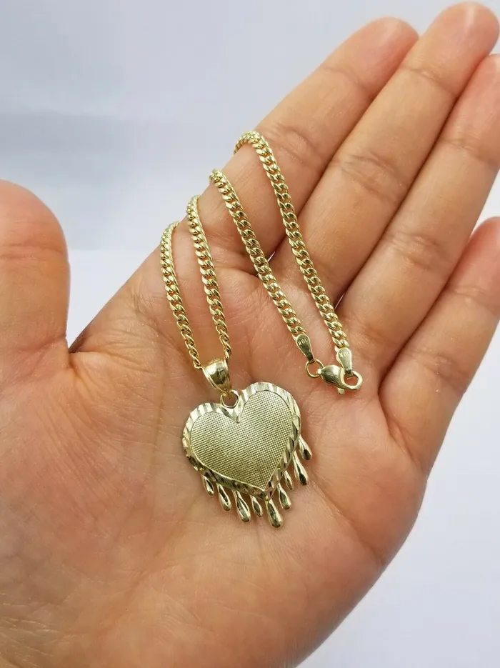 Gold and Diamond Necklaces 10K Yellow Gold Miami Cubin Link Chain Dripping Heart Diamond Cut Pendant Gold and Diamond Necklaces 10K Yellow Gold Miami Cubin Link Chain Dripping Heart Diamond Cut Pendant