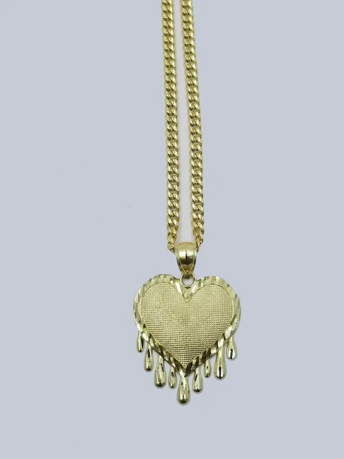Gold and Diamond Necklaces 10K Yellow Gold Miami Cubin Link Chain Dripping Heart Diamond Cut Pendant