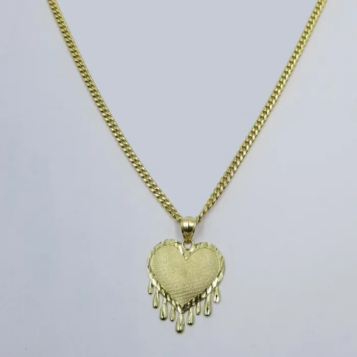 Gold and Diamond Necklaces 10K Yellow Gold Miami Cubin Link Chain Dripping Heart Diamond Cut Pendant