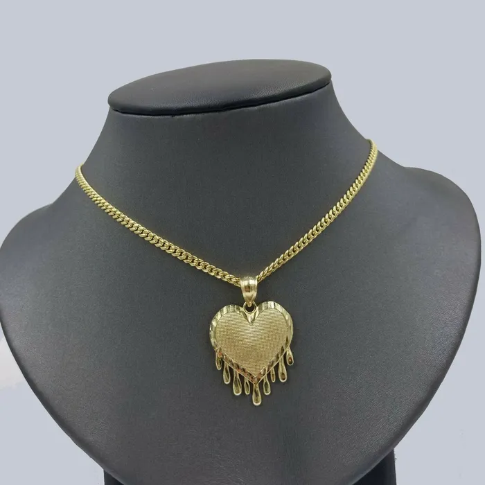 Gold and Diamond Necklaces 10K Yellow Gold Miami Cubin Link Chain Dripping Heart Diamond Cut Pendant