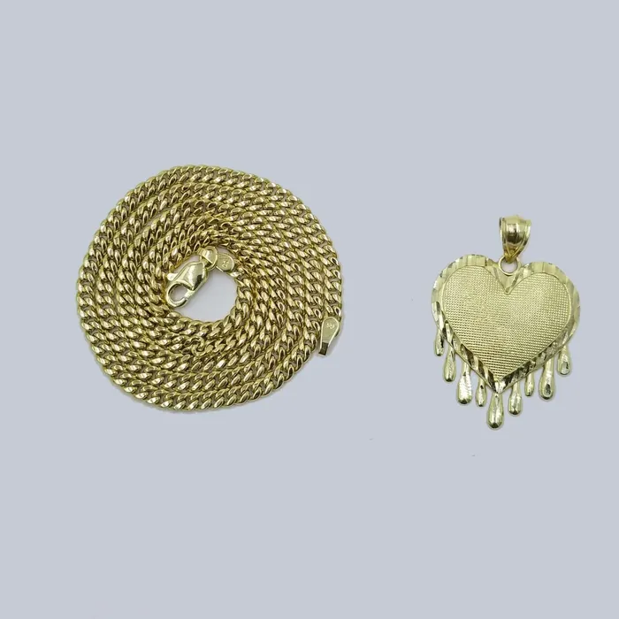Gold and Diamond Necklaces 10K Yellow Gold Miami Cubin Link Chain Dripping Heart Diamond Cut Pendant